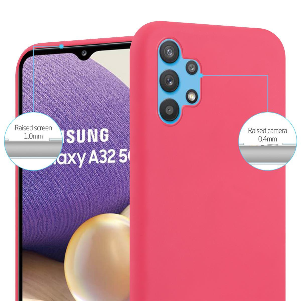 Una custodia per telefono rosa con un telefono all'interno. Le didascalie evidenziano le aree rialzate dello schermo e della fotocamera.