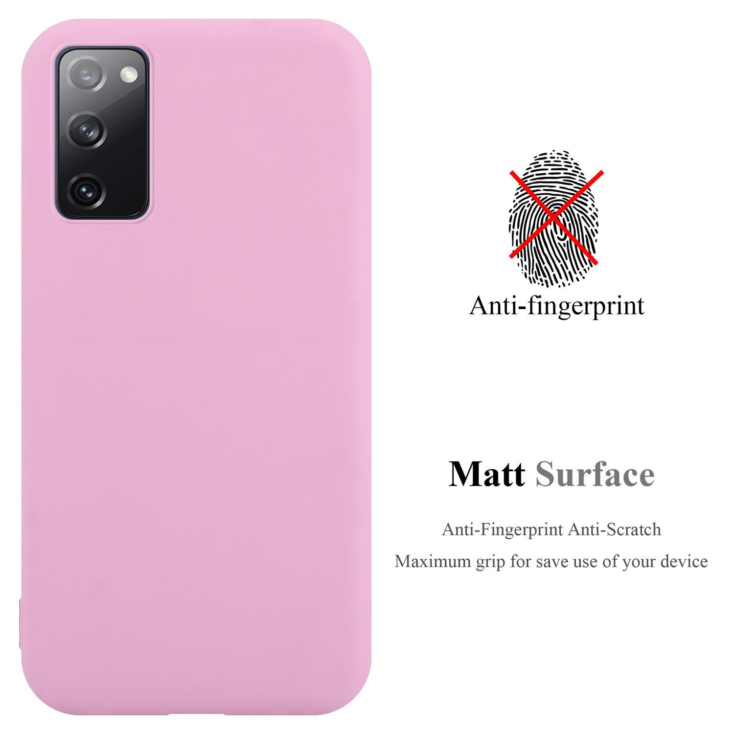 Custodia rosa per telefono. Testo: anti-impronte, superficie opaca. Impronta rossa con croce. Sfondo bianco.