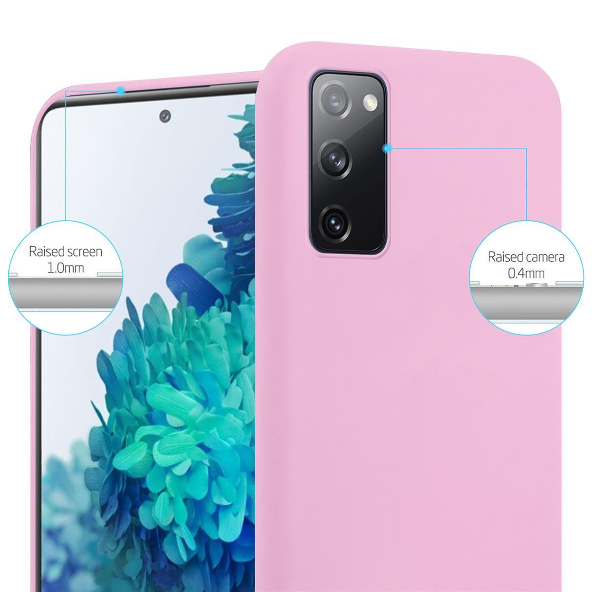 Primo piano di una custodia rosa per telefono con un rilievo per la fotocamera e uno schermo. Il testo indica aree rialzate.