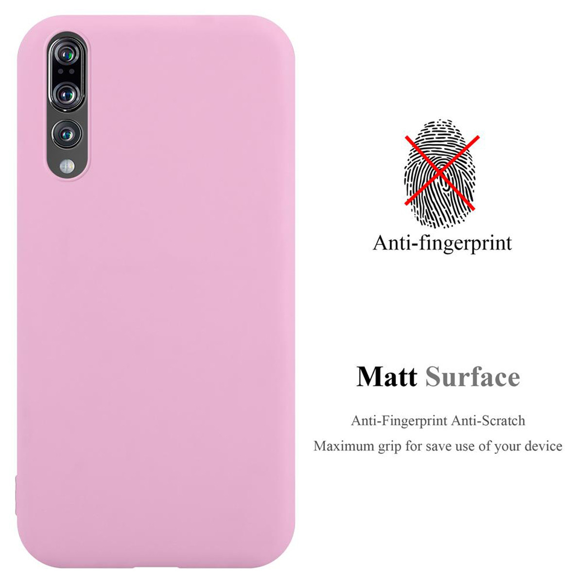 Una custodia per telefono rosa con testo sull'antimpronta e superficie opaca. Un'immagine di impronta digitale è sbarrata.