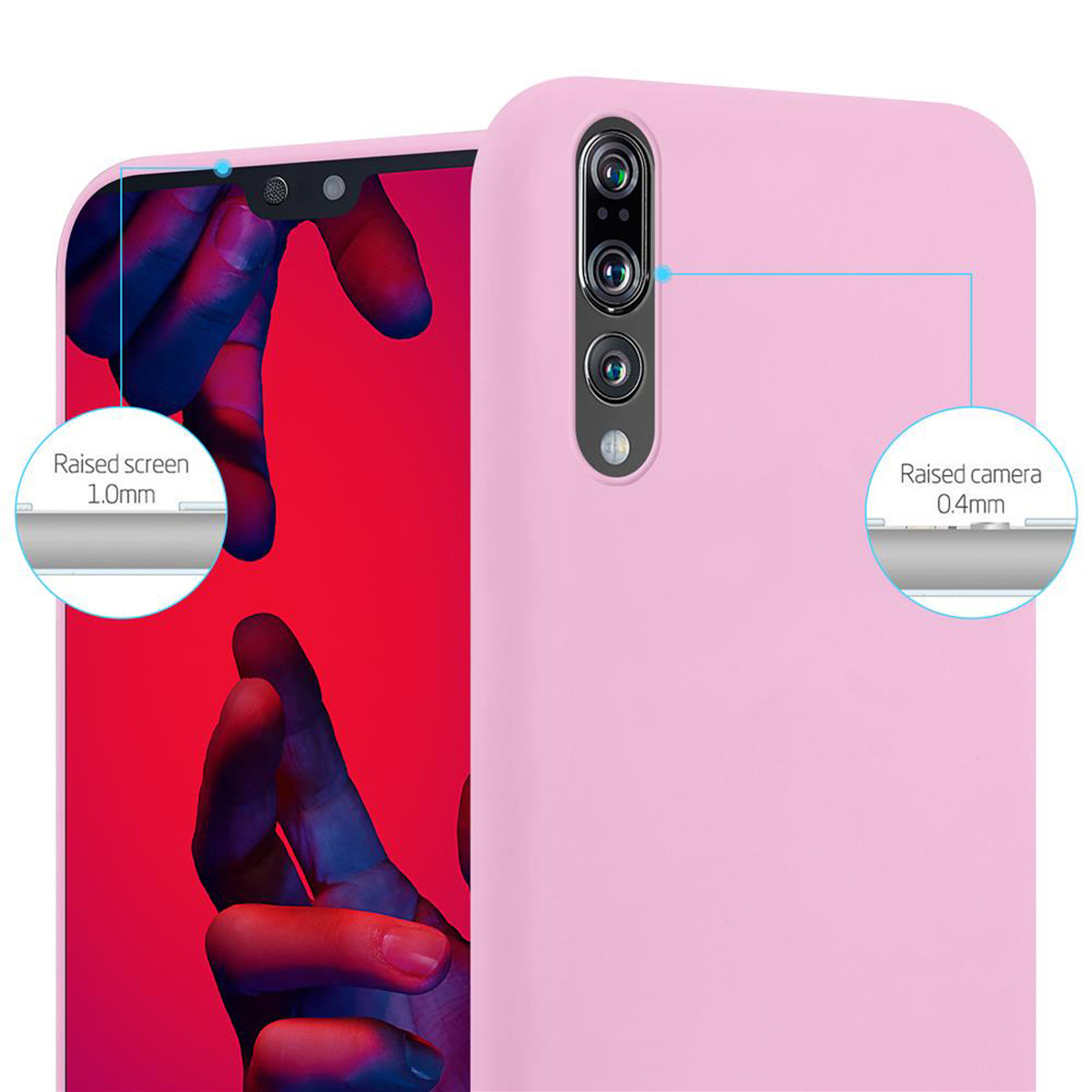 Una custodia rosa con bordi rialzati per schermo e fotocamera, con etichette che ne indicano l'altezza.