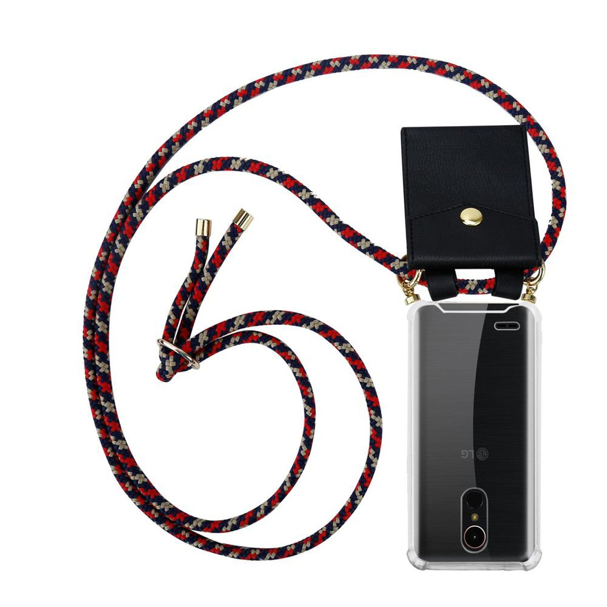 Handyhülle mit Lanyard. Schwarze Hülle mit rotem, marineblauem und weißem Seil.