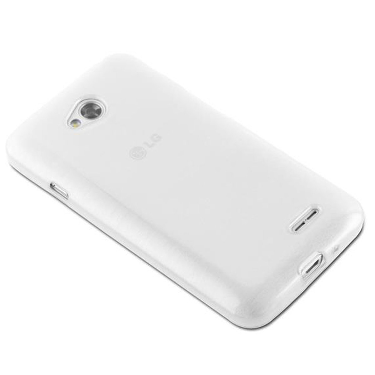 Una custodia bianca per telefono su una superficie bianca. Il telefono ha una fotocamera e il logo LG.