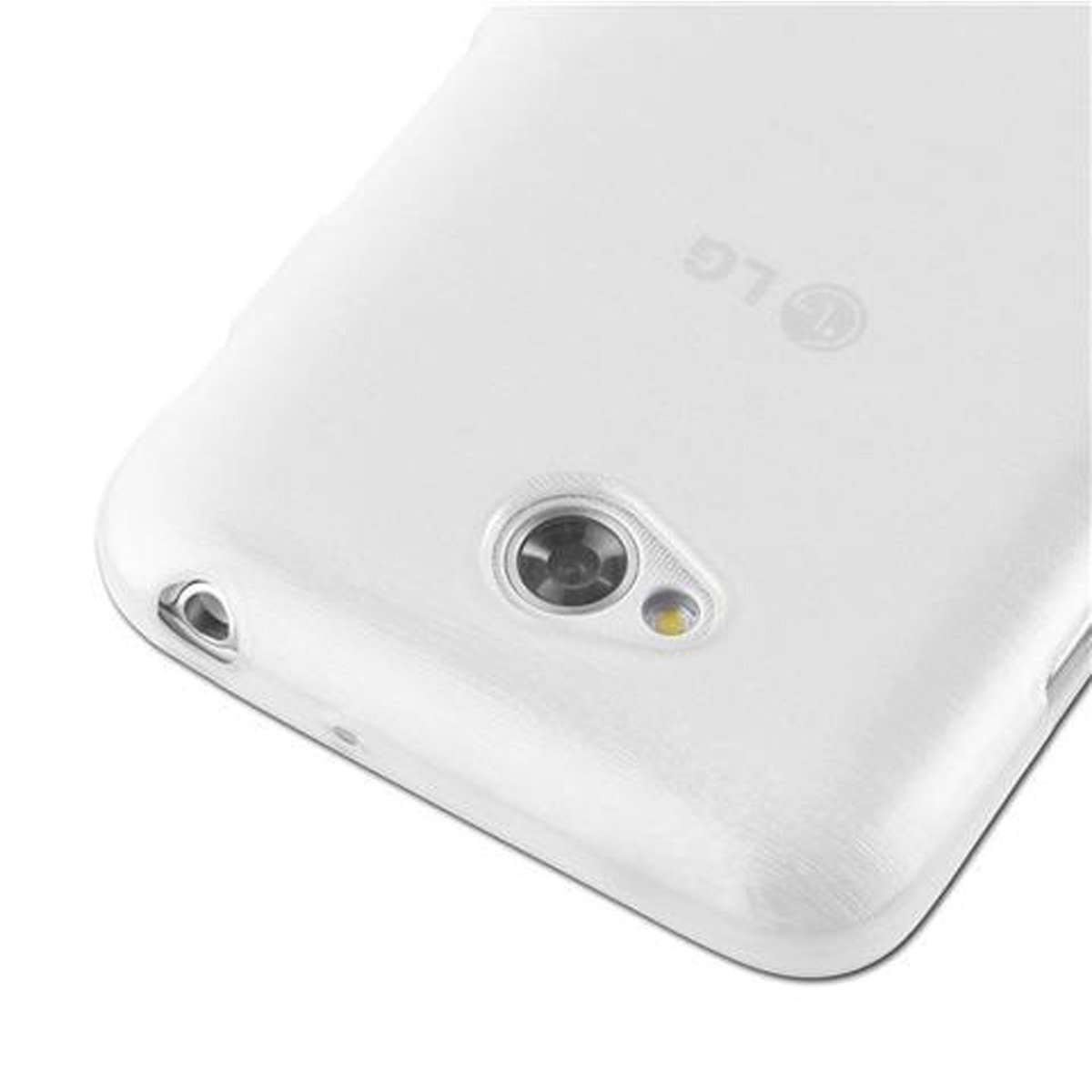 Custodia bianca per telefono con aperture per fotocamera e flash. Logo LG visibile. Lo sfondo è sfocato.