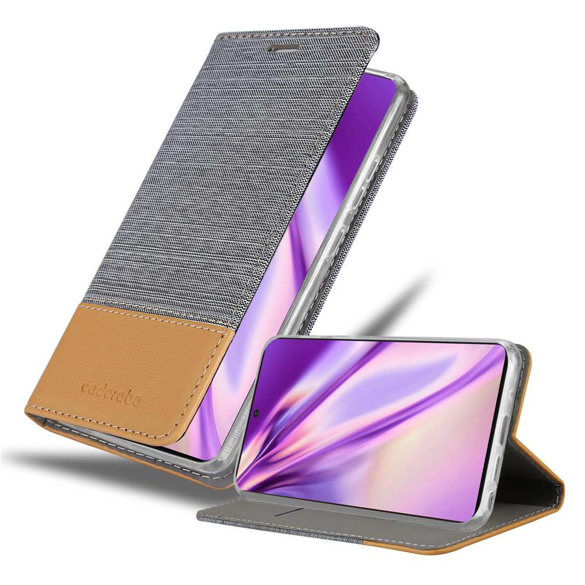 Custodia del telefono aperta, materiale grigio e marrone, con telefono all'interno. Telefono a destra.