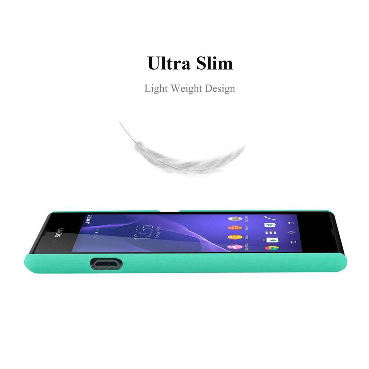 Telefon in türkisfarbenem Gehäuse, auf Weiß. Text: Ultra Slim, Light Weight Design. Eine Feder schwebt darüber.