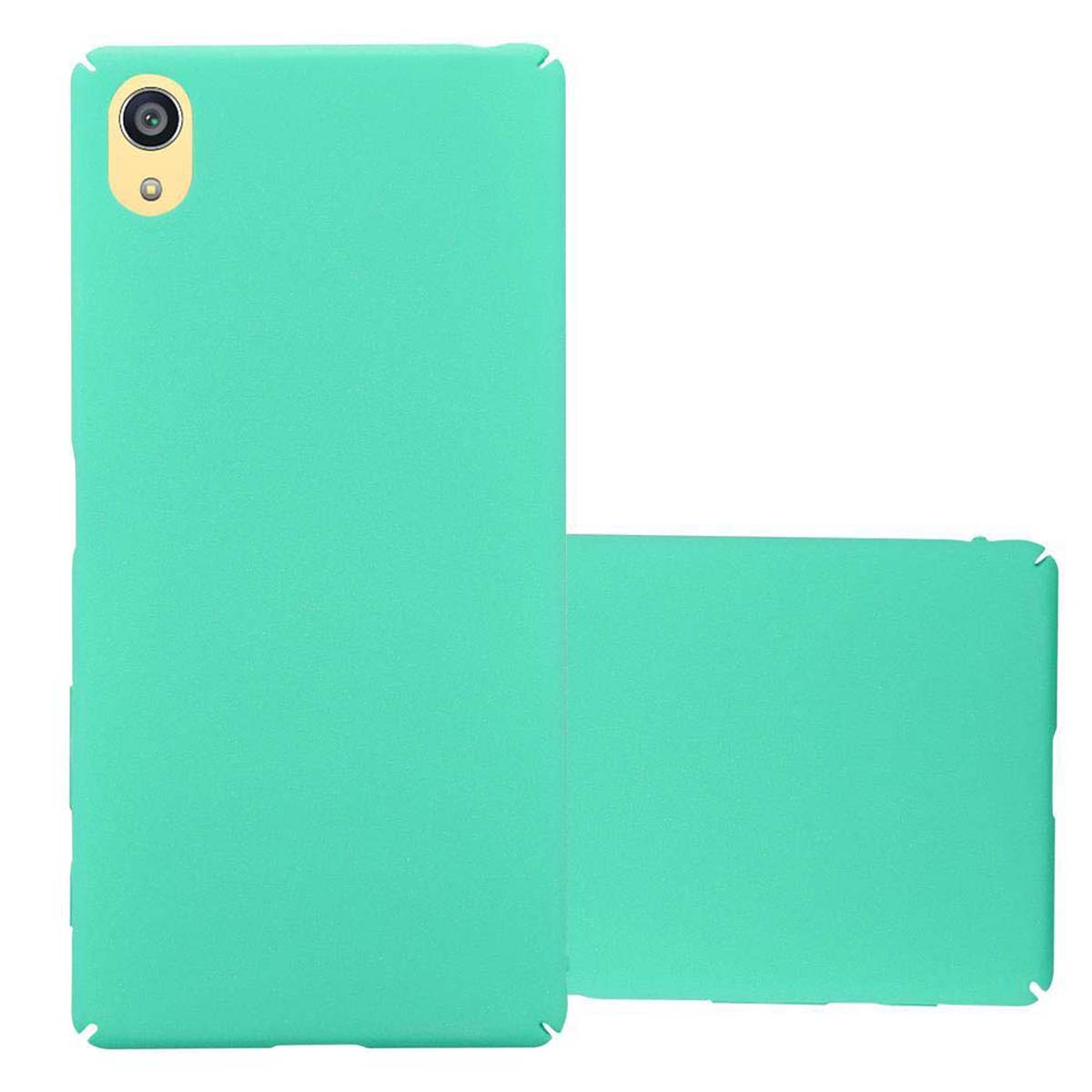 Dos fundas de teléfono verde menta, una de pie, la otra acostada.