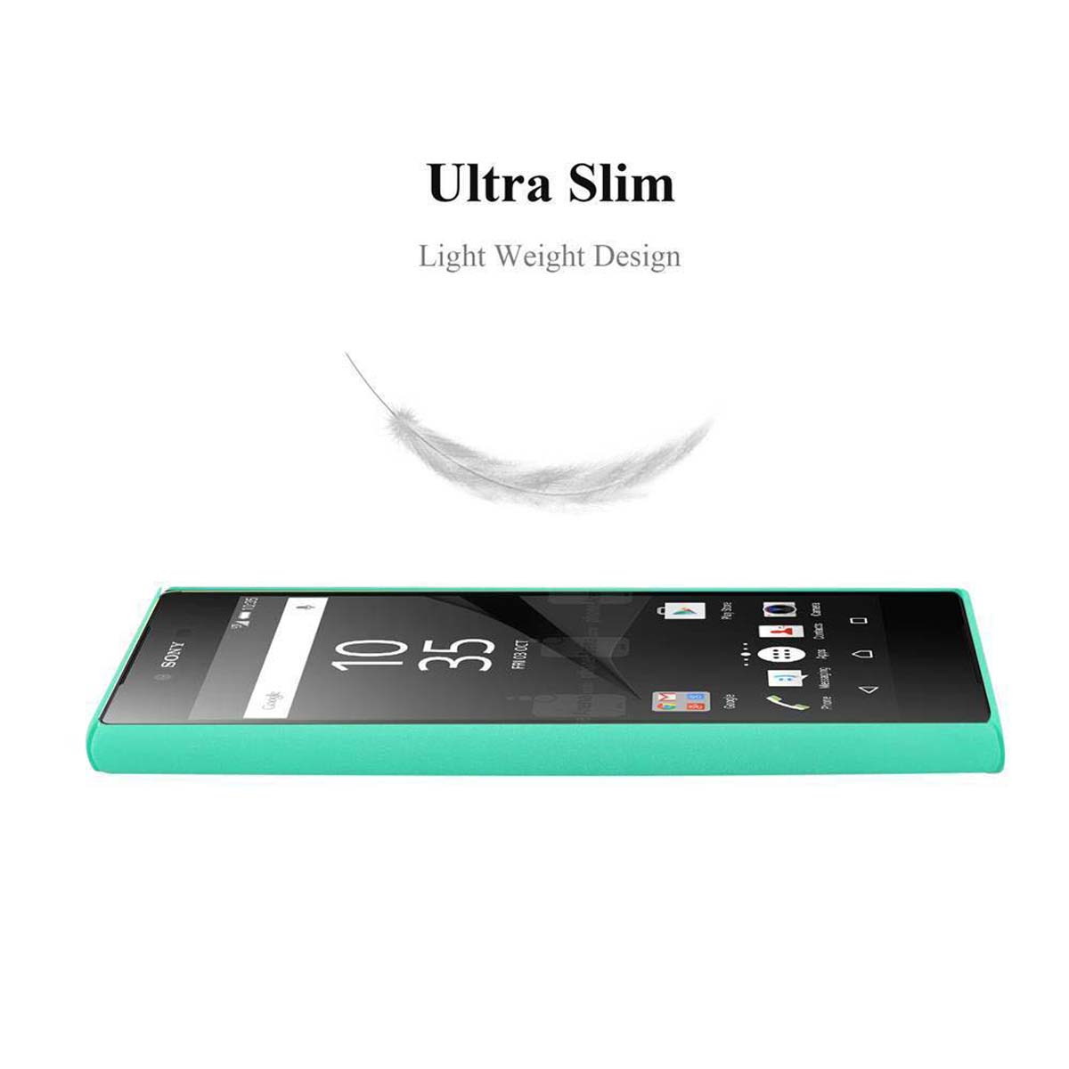 Teléfono con funda verde tumbado sobre una superficie. El texto dice 'Ultra Slim' y 'Diseño ligero'.