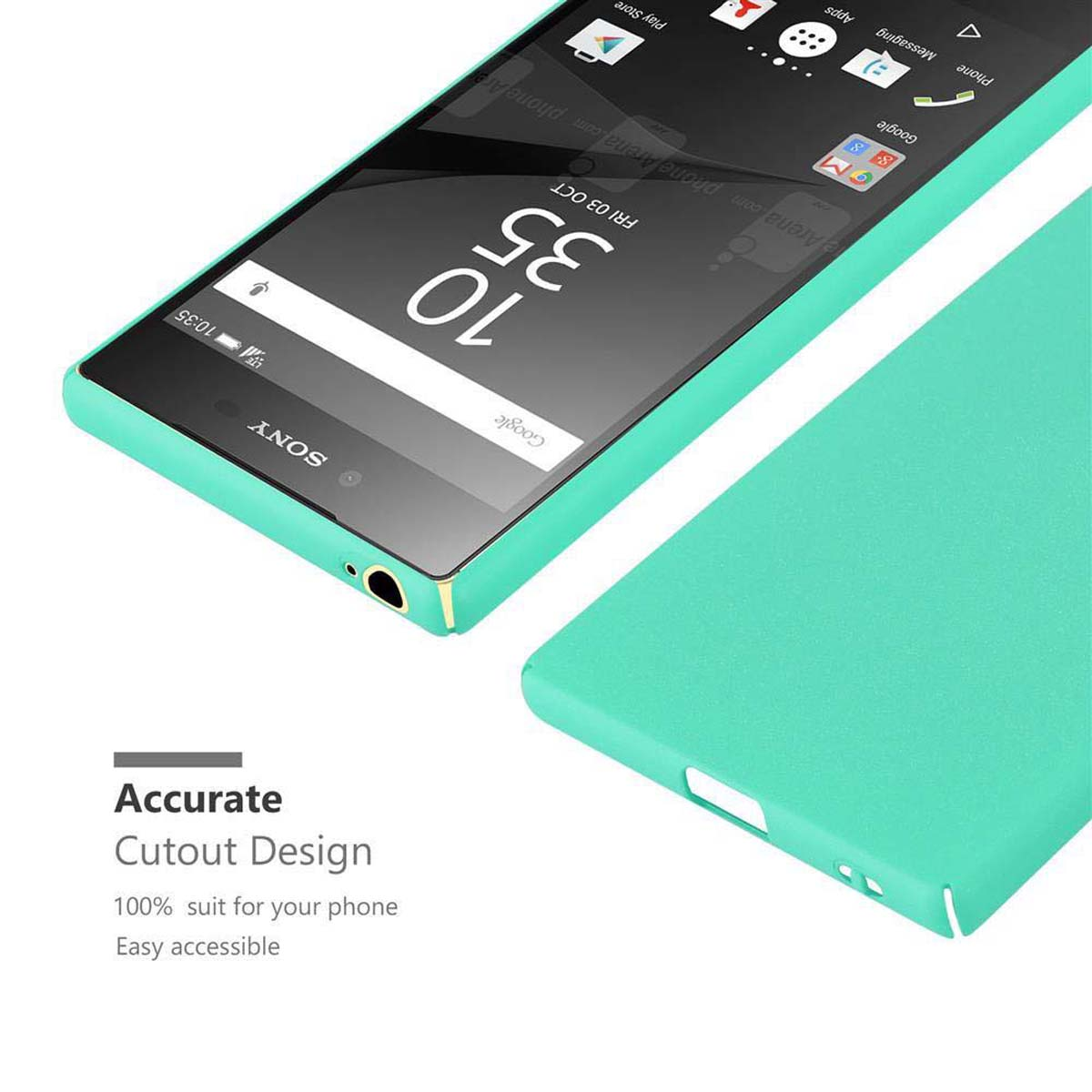 Un teléfono con una funda verde, que muestra la pantalla del teléfono. El texto dice "Accurate Cutout Design".