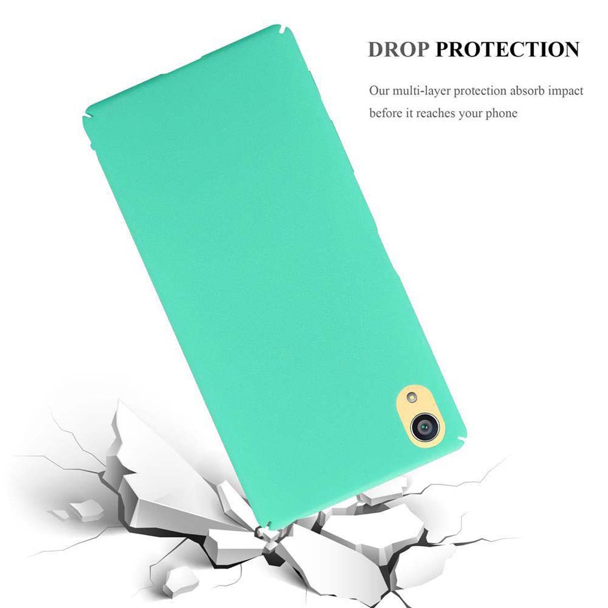 Una funda de teléfono verde se muestra con grietas debajo, enfatizando la protección contra caídas.