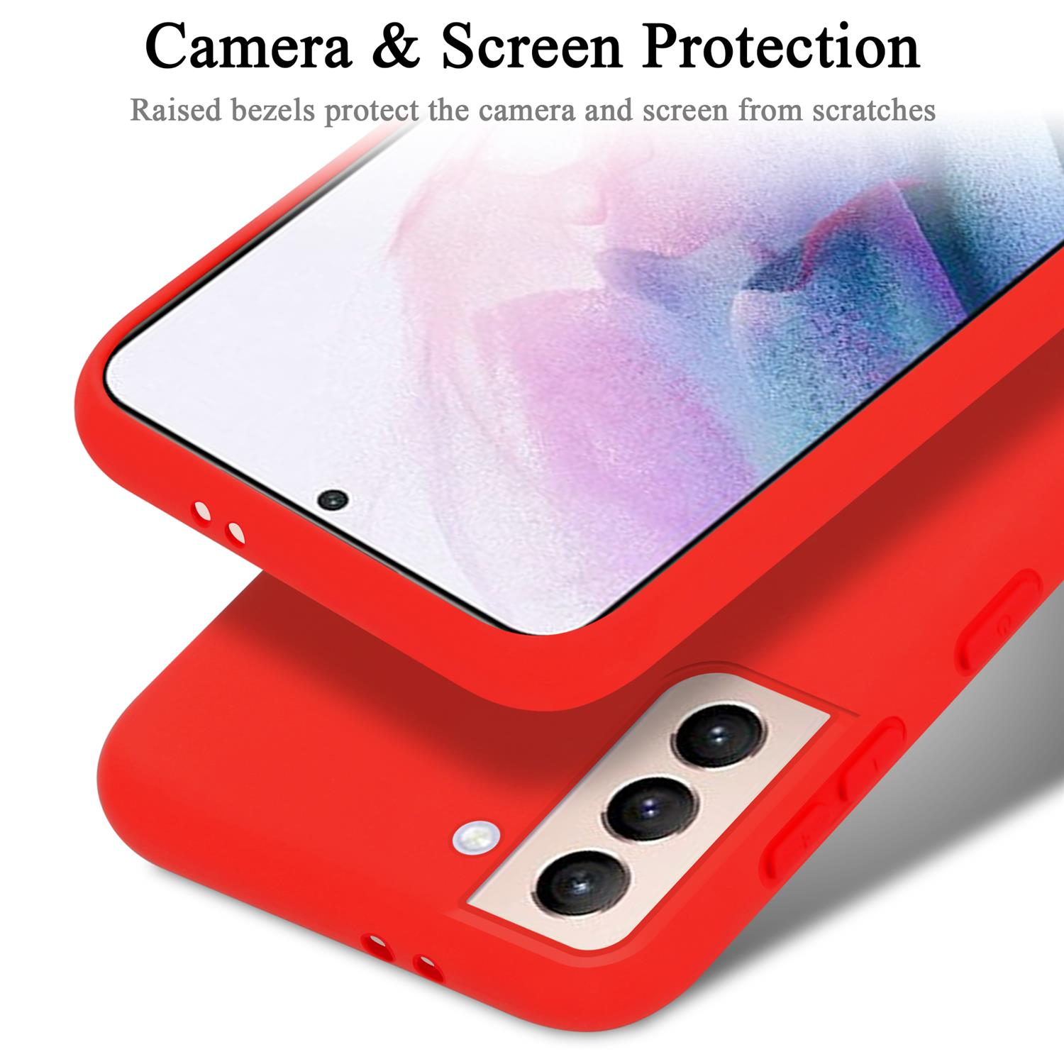 Eine rote Handyhülle mit einem Telefon darin. Das Gehäuse bedeckt den Bildschirm und die Kameras.