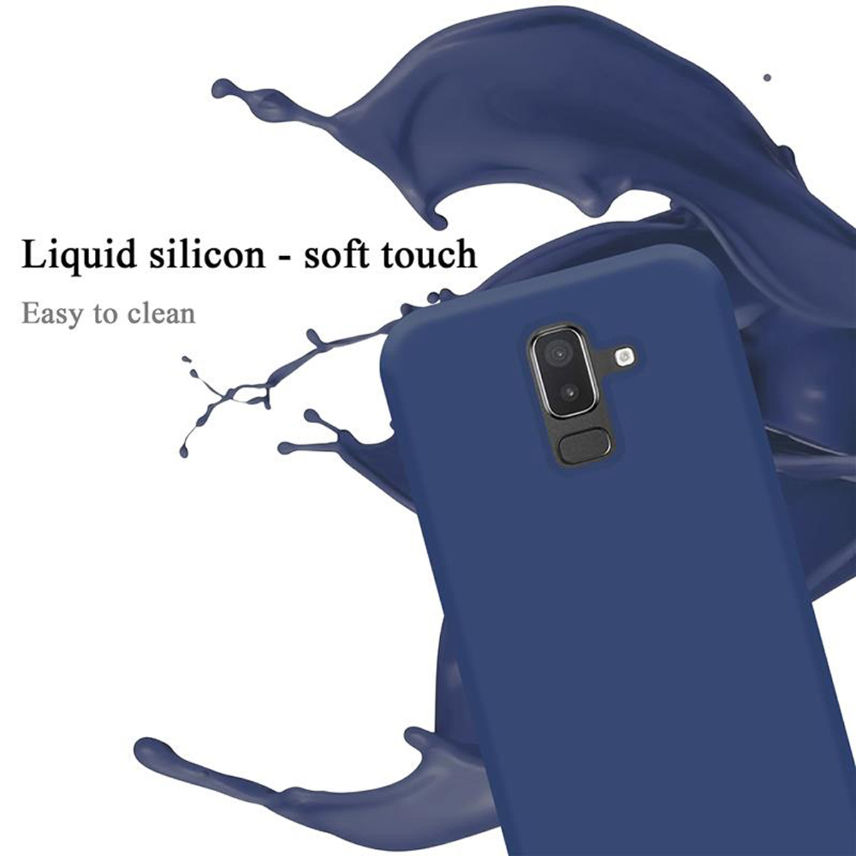 Una custodia per telefono blu con fotocamera nera ed effetto splash di vernice blu su sfondo bianco.