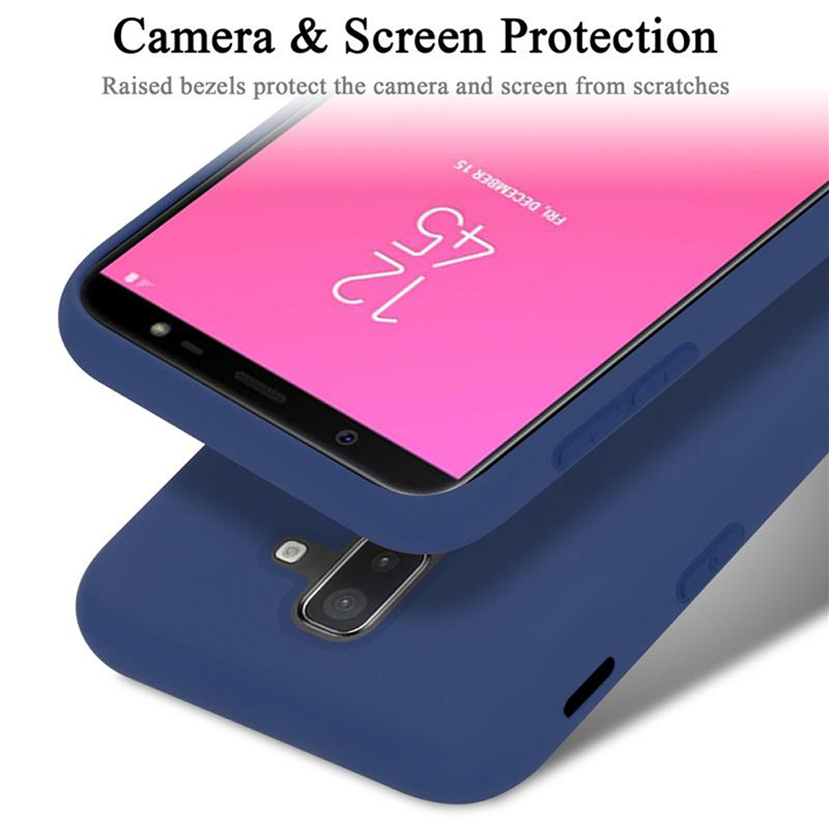 Custodia per telefono blu con telefono all'interno. Schermo e fotocamera sono visibili, il testo dice protezione della fotocamera e dello schermo.