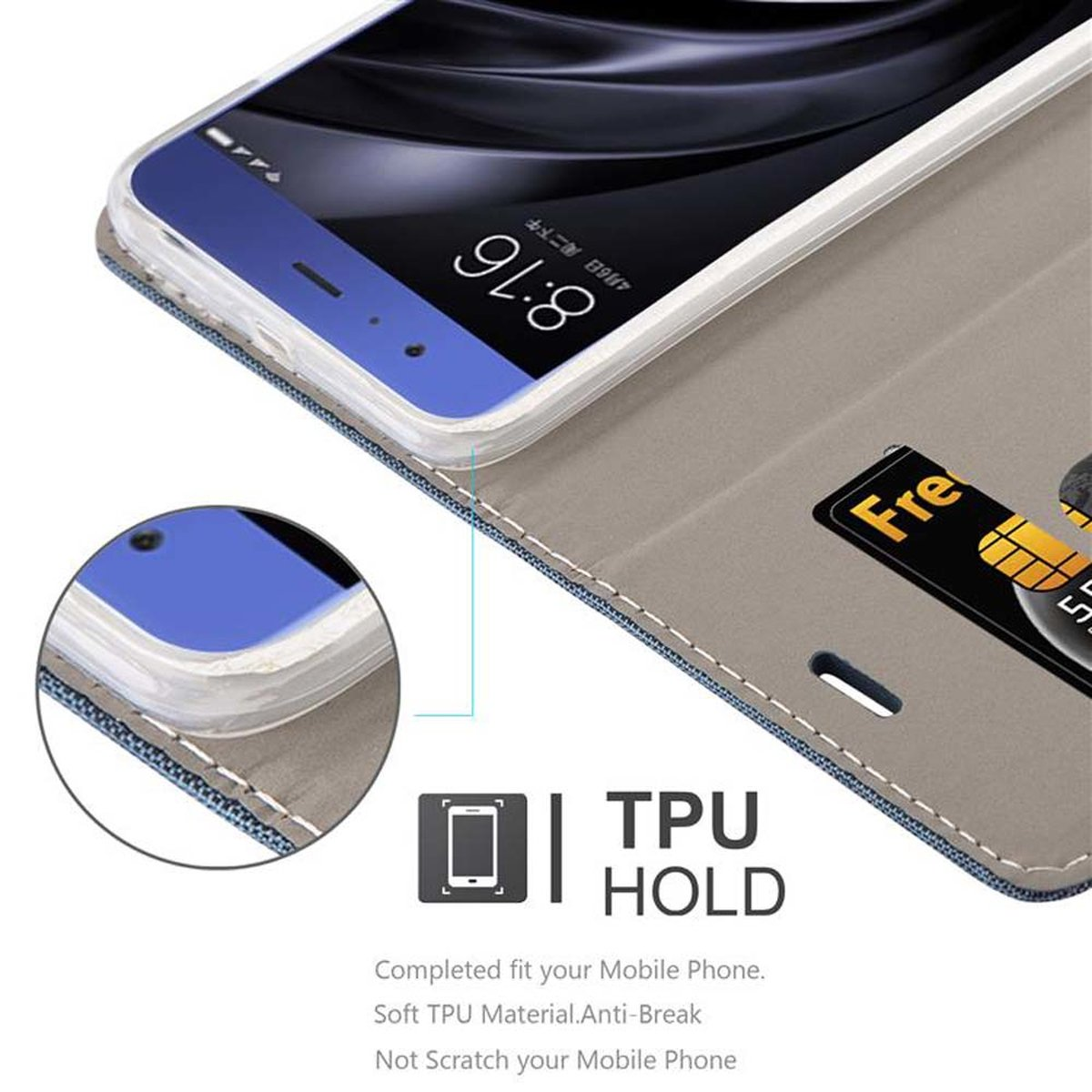 Primo piano di una custodia per telefono, con carta e schermo del telefono, con testo TPU HOLD.