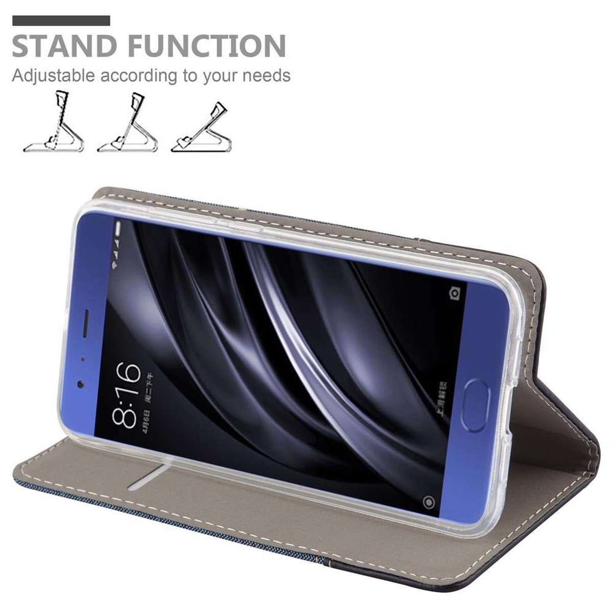Telefono in una custodia che funge da supporto. Testo: Stand Function. Lo schermo mostra l'ora.