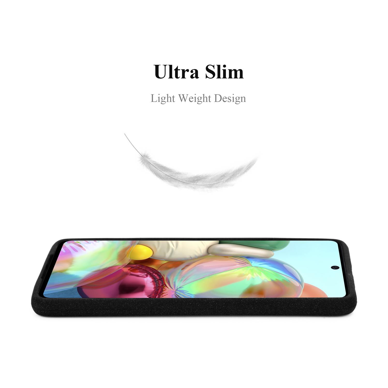 Custodia per telefono nera con la scritta 'Ultra Slim'. Una piuma fluttua sopra il telefono.