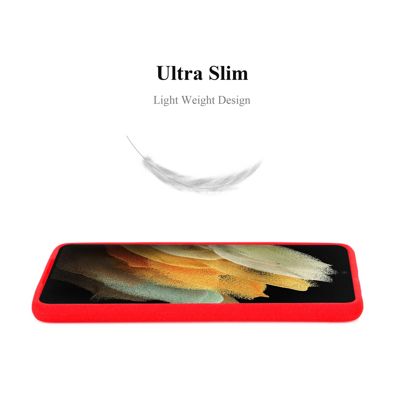 Custodia per telefono rossa, con grafica a piuma e il testo Ultra Slim e Light Weight Design.