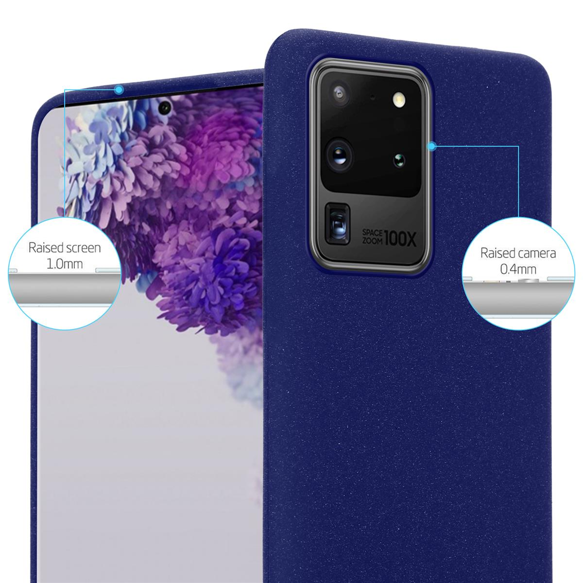 Custodia blu per telefono con schermo rialzato e dettagli della fotocamera su sfondo bianco.