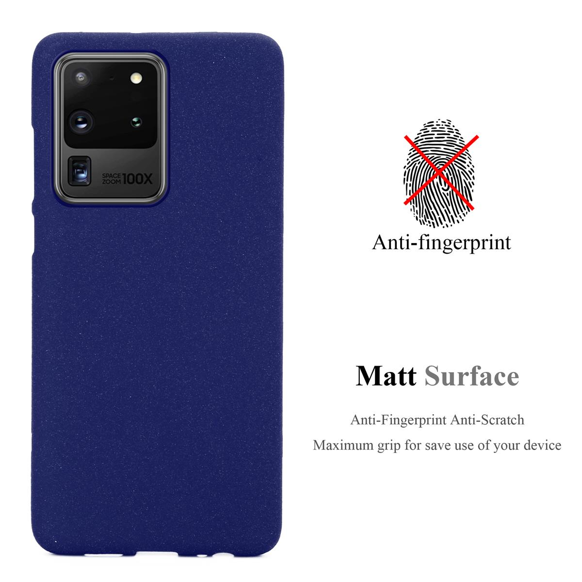 Custodia blu navy con un telefono e un simbolo di impronta digitale con una croce. Testo: Anti-impronta. Superficie opaca.