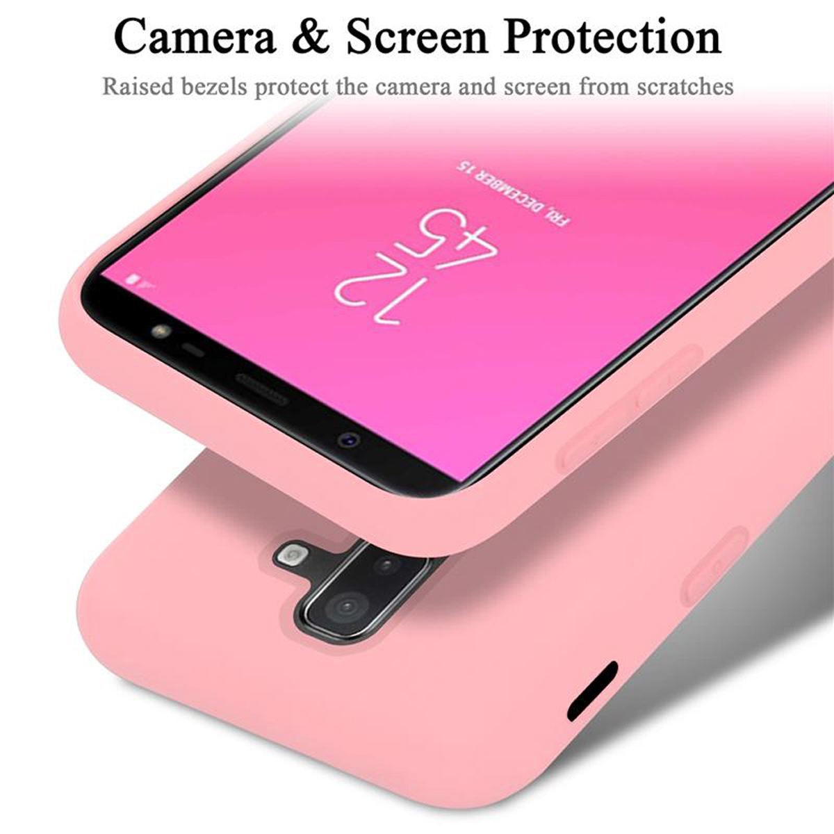 Primo piano di una custodia rosa per telefono, angolata, che protegge la fotocamera e lo schermo dai graffi.