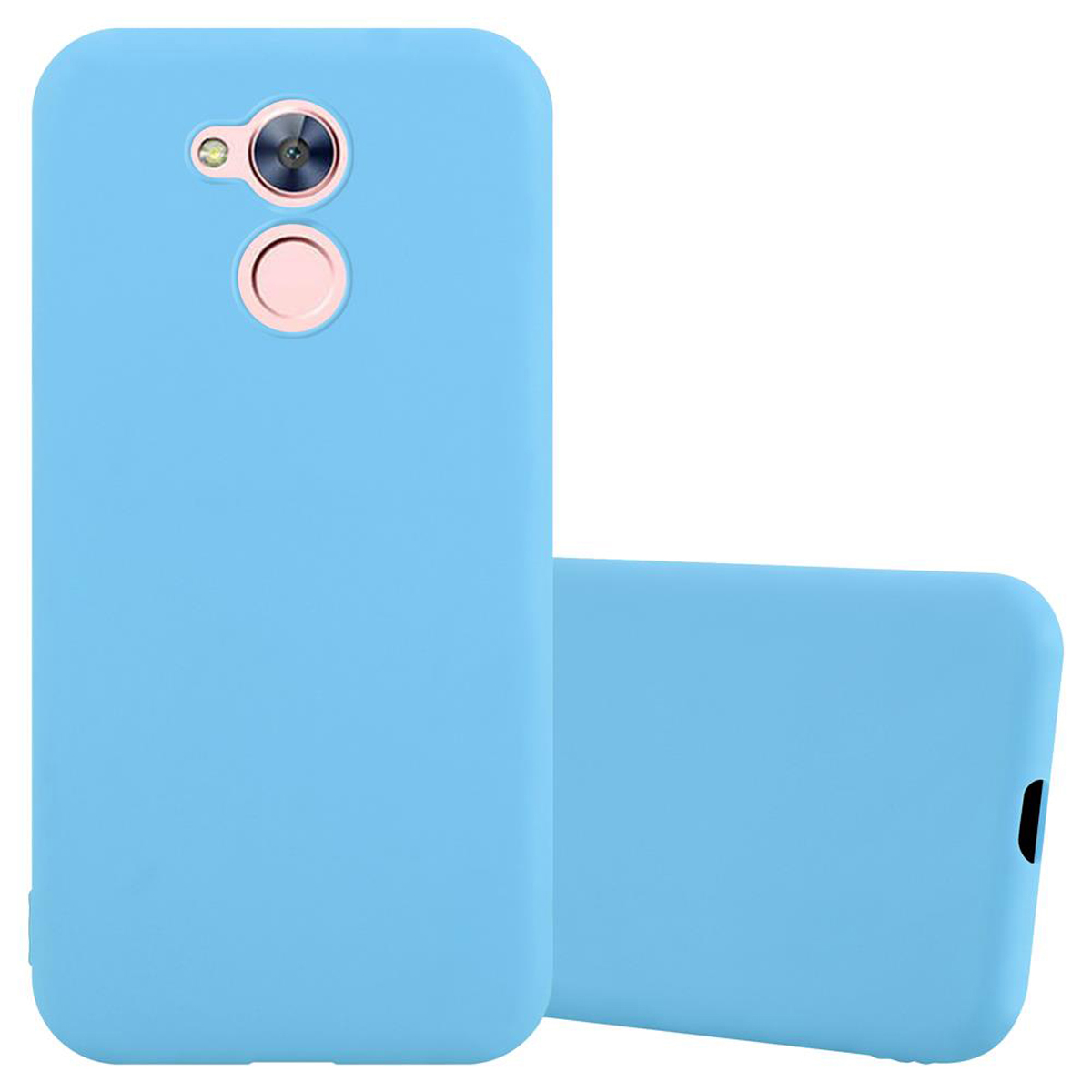 Custodia per telefono azzurra con un accento rosa per la fotocamera. Un'altra custodia azzurra dietro. Sfondo bianco.