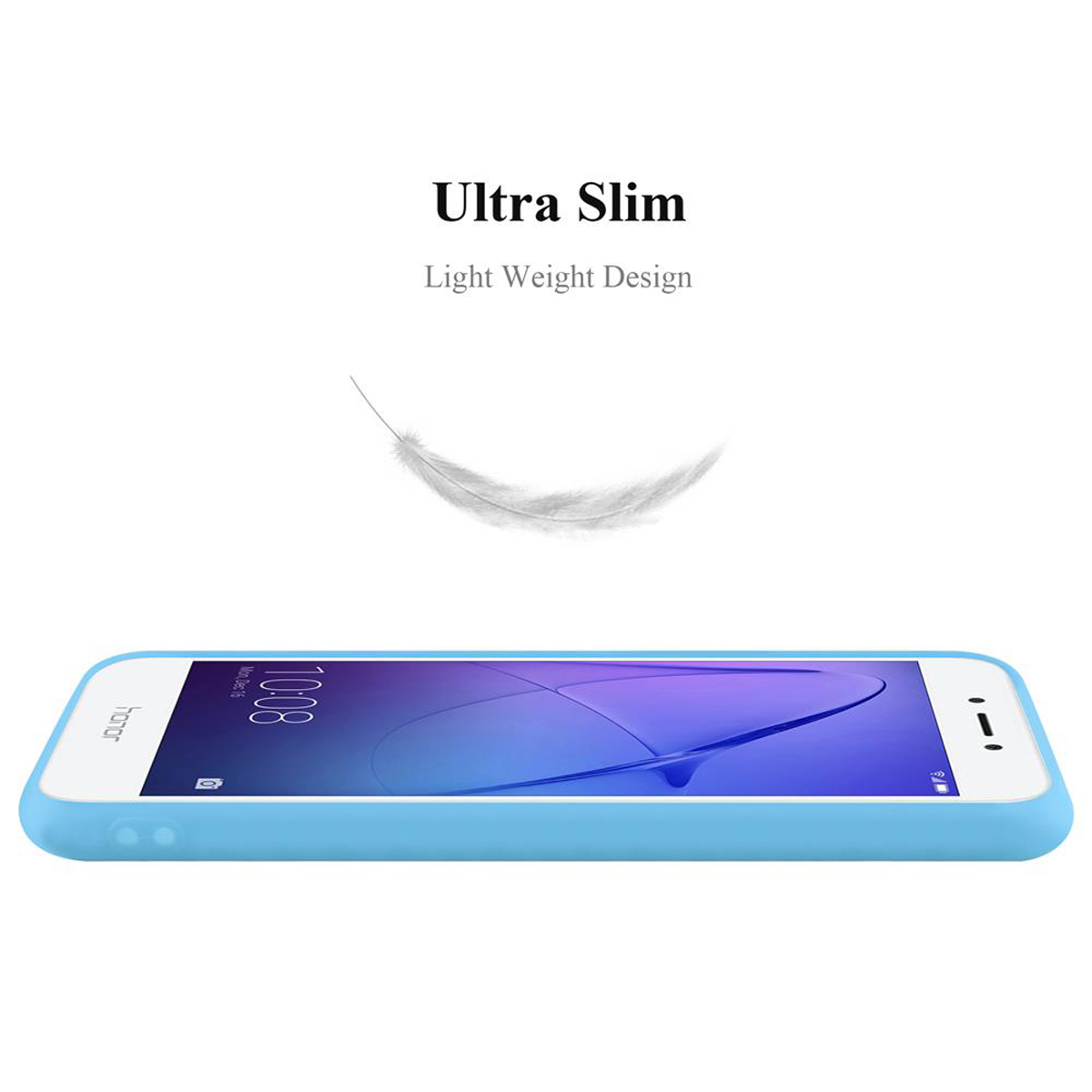 Un telefono azzurro con una piuma che fluttua sopra. Ha un design leggero.