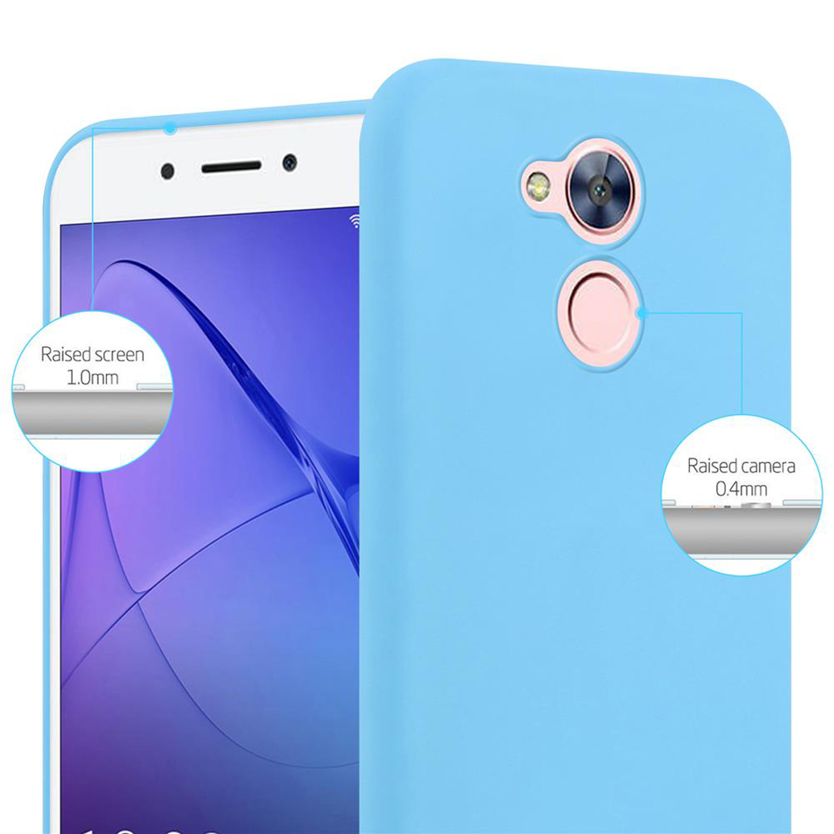 Custodia blu per telefono su telefono bianco. Primo piano, dettagli di schermo e fotocamera rialzati.