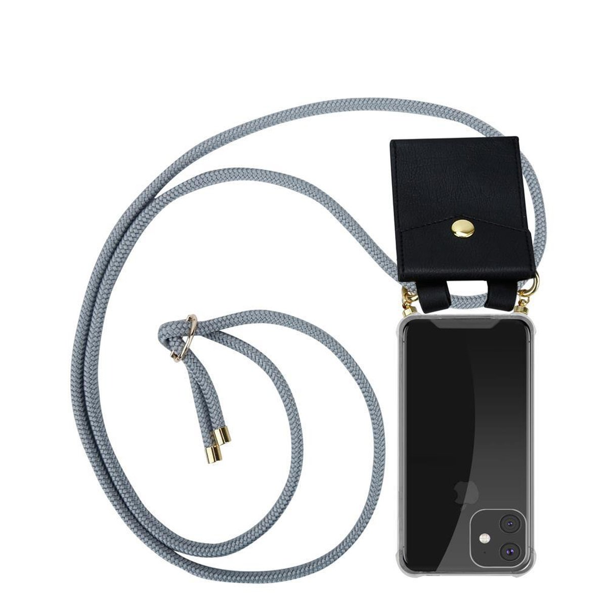 CADORABO Handy SILBER 11 Ringen, Hülle, Kette Band mit iPhone PRO, Gold Backcover, abnehmbarer GRAU Kordel und Apple