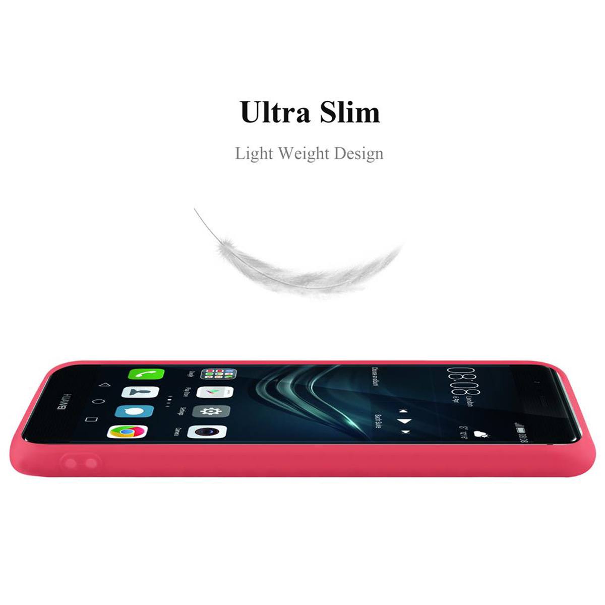 Eine pinke Handyhülle mit einem Telefon ist abgebildet. Das Telefon liegt auf der Seite, im Hintergrund eine Federgrafik.