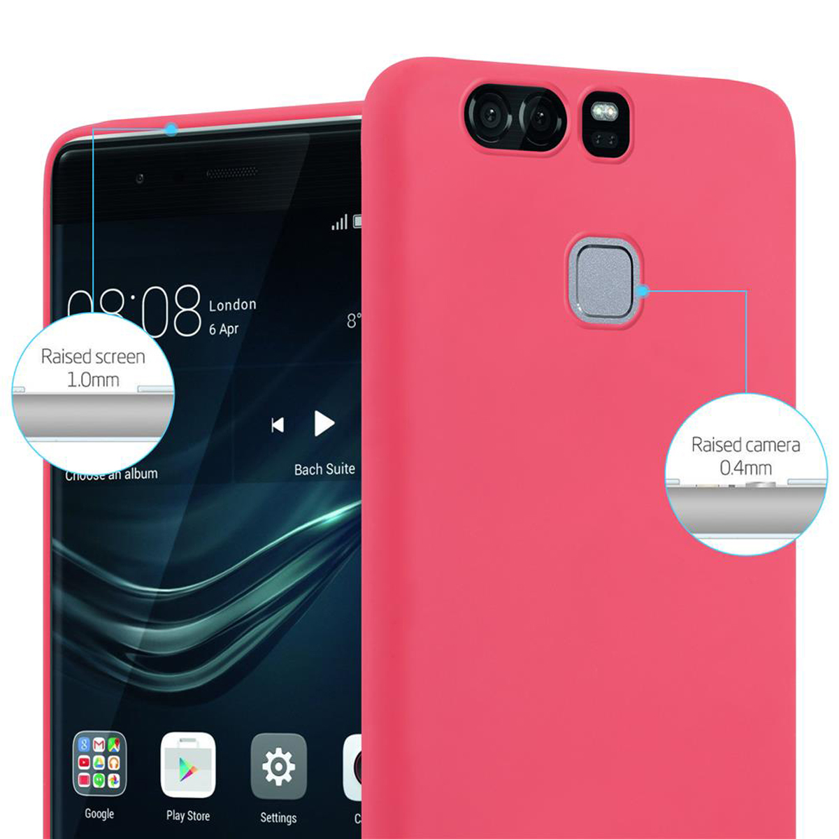 Pinke Handyhülle mit Telefon. Text sagt: „Erhöhter Bildschirm 1,0 mm“ und „Erhöhte Kamera 0,4 mm“.