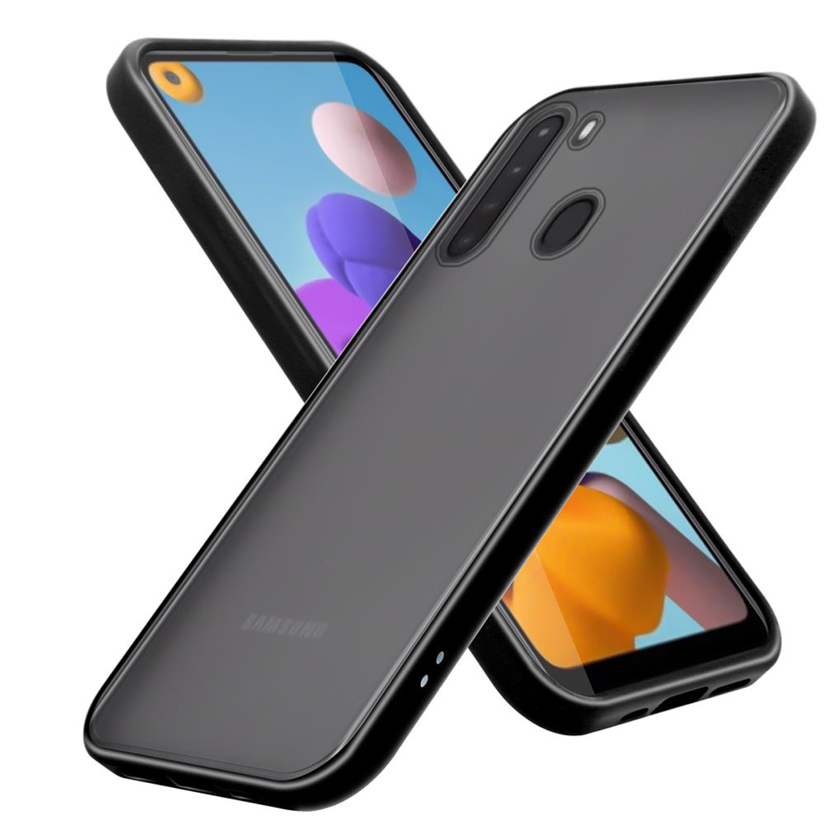 Deux étuis de téléphone noirs, l'un sur l'autre, sur fond blanc.