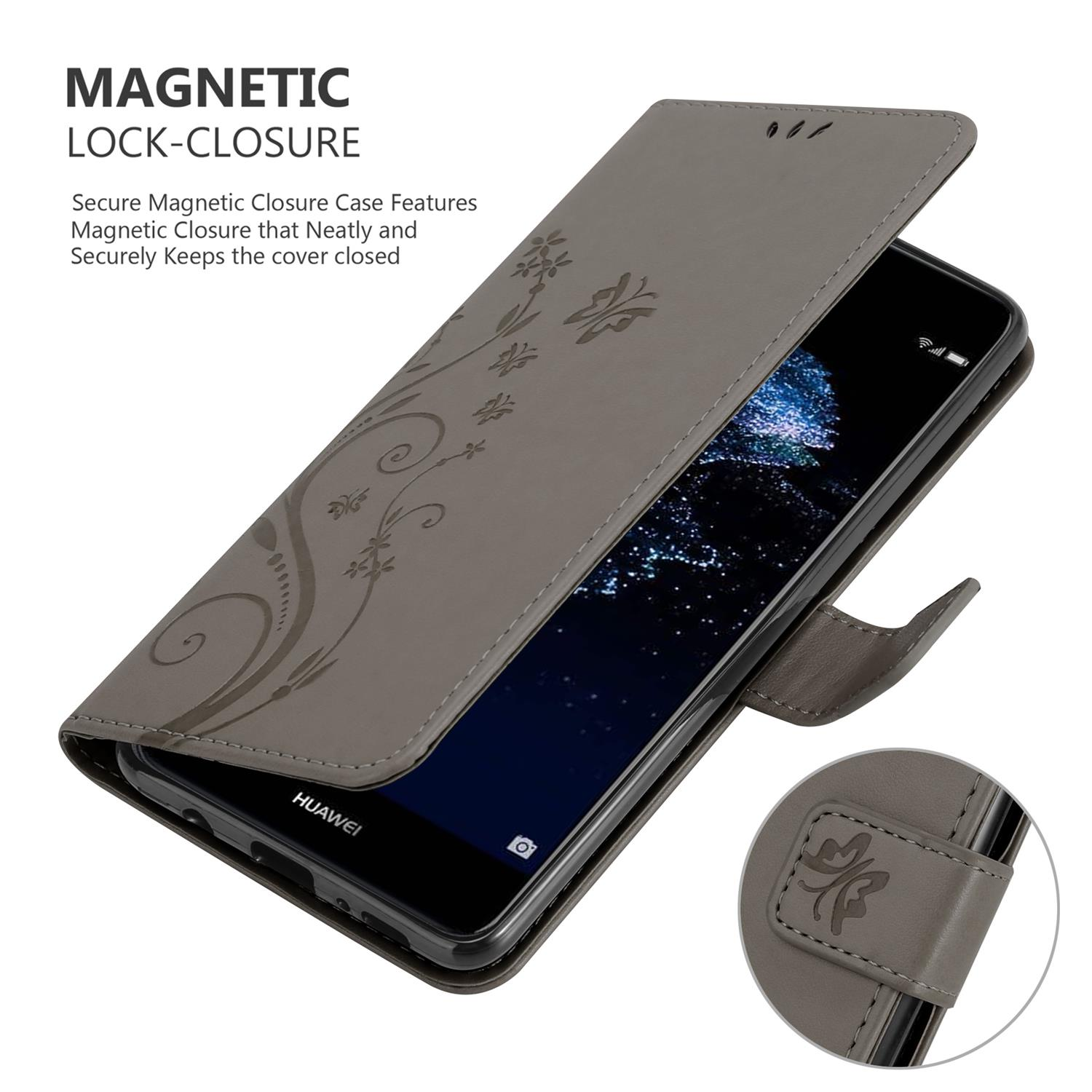 Custodia grigia per telefono con un telefono all'interno. È aperta. Il testo dice: Chiusura magnetica.