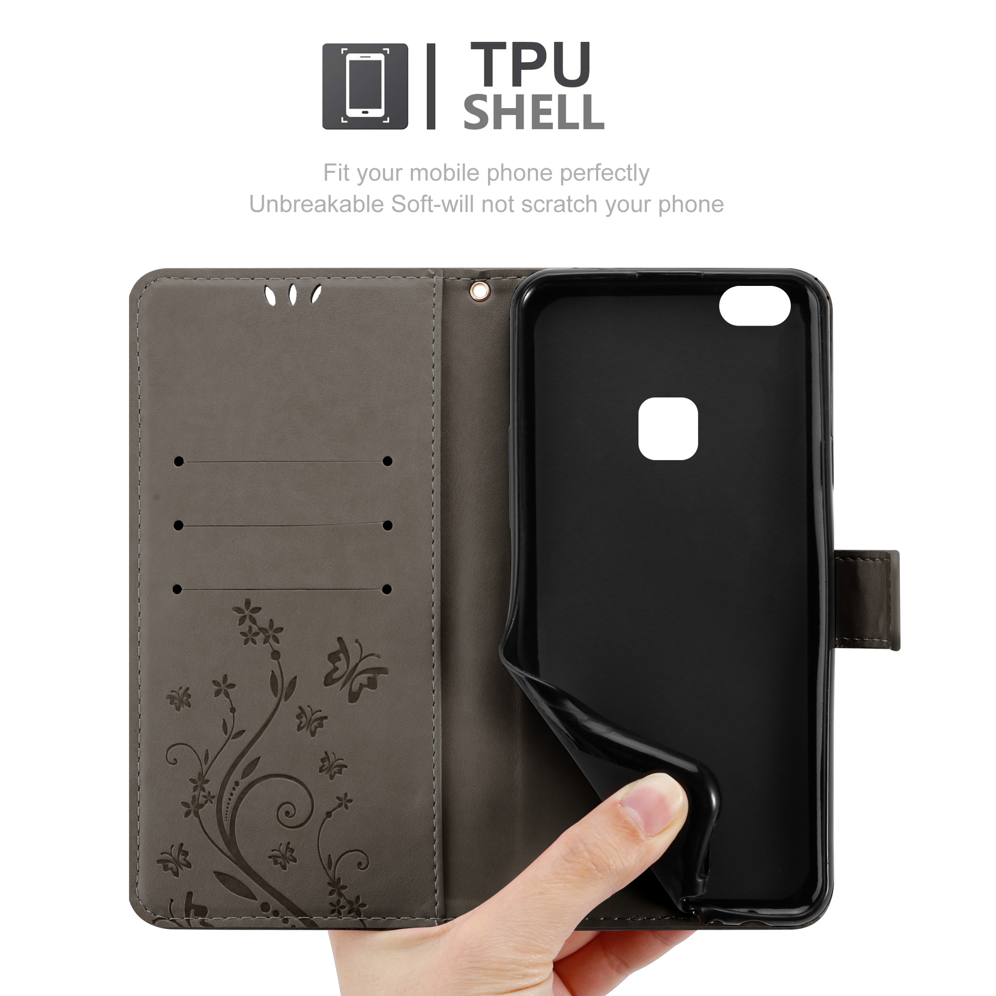 Custodia aperta per telefono con telefono all'interno. Grigia con design floreale. Mano che tiene la custodia.