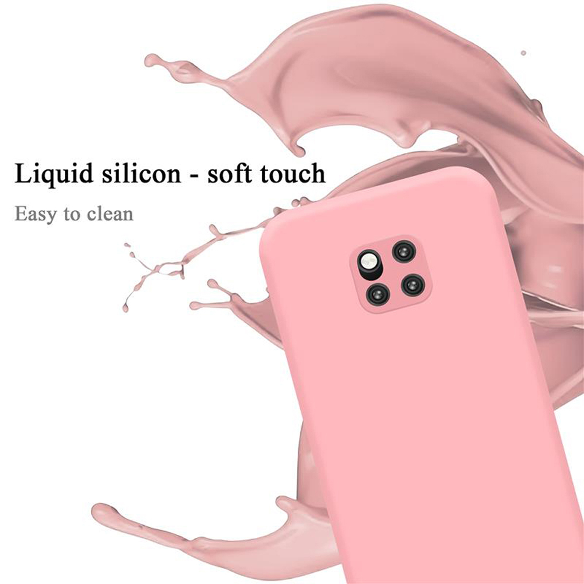 Eine rosa Handyhülle mit drei Kameralinsen. Im Hintergrund ein Spritzer rosa Farbe. Der Text lautet „Flüssiges Silikon – Soft Touch“.