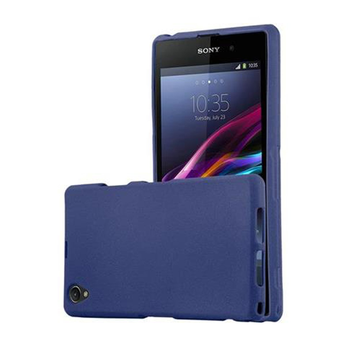 Teléfono azul con funda azul. El teléfono muestra la hora y la fecha en la pantalla.