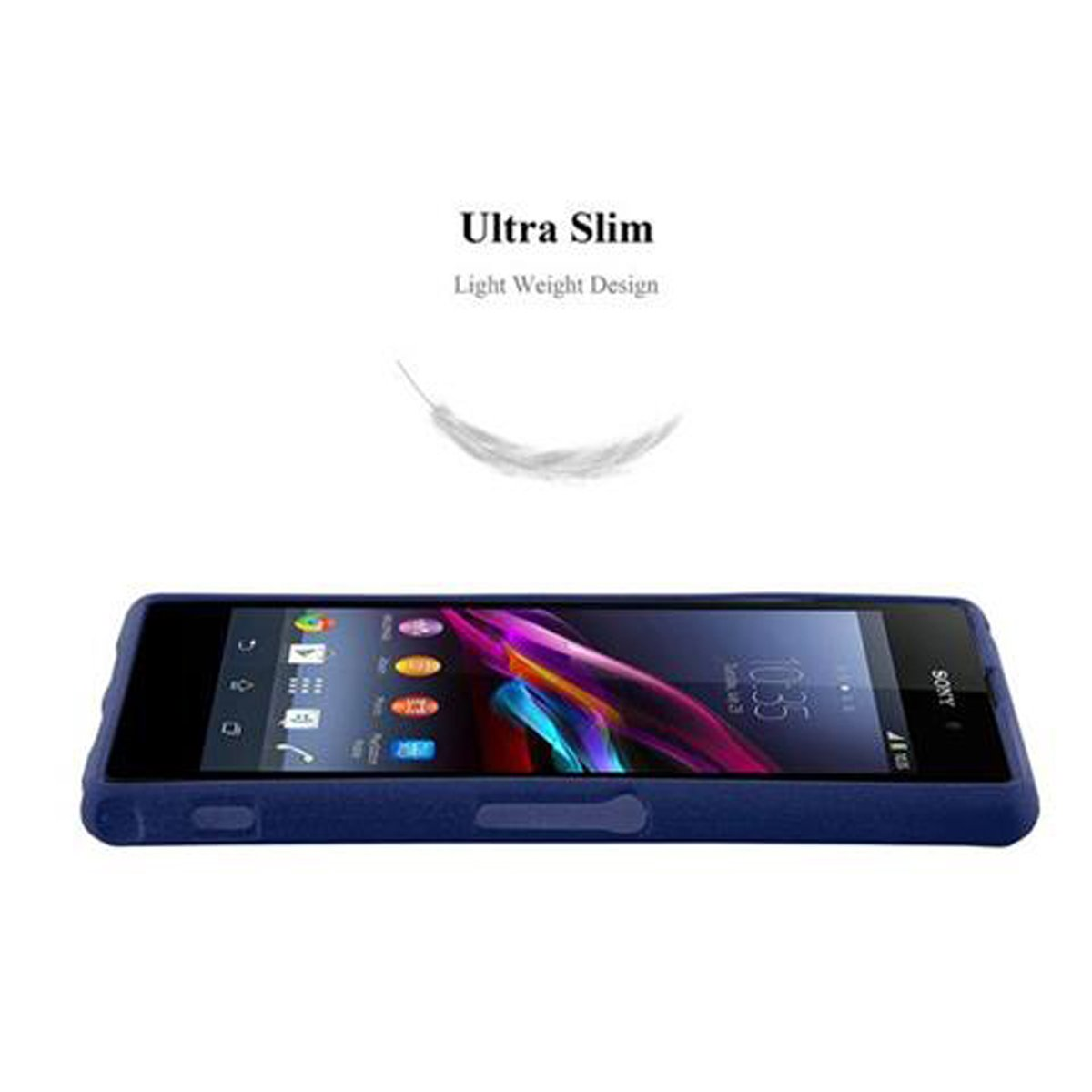 Teléfono azul en una funda. Diseño ultra delgado. Fondo blanco con un gráfico de pluma.