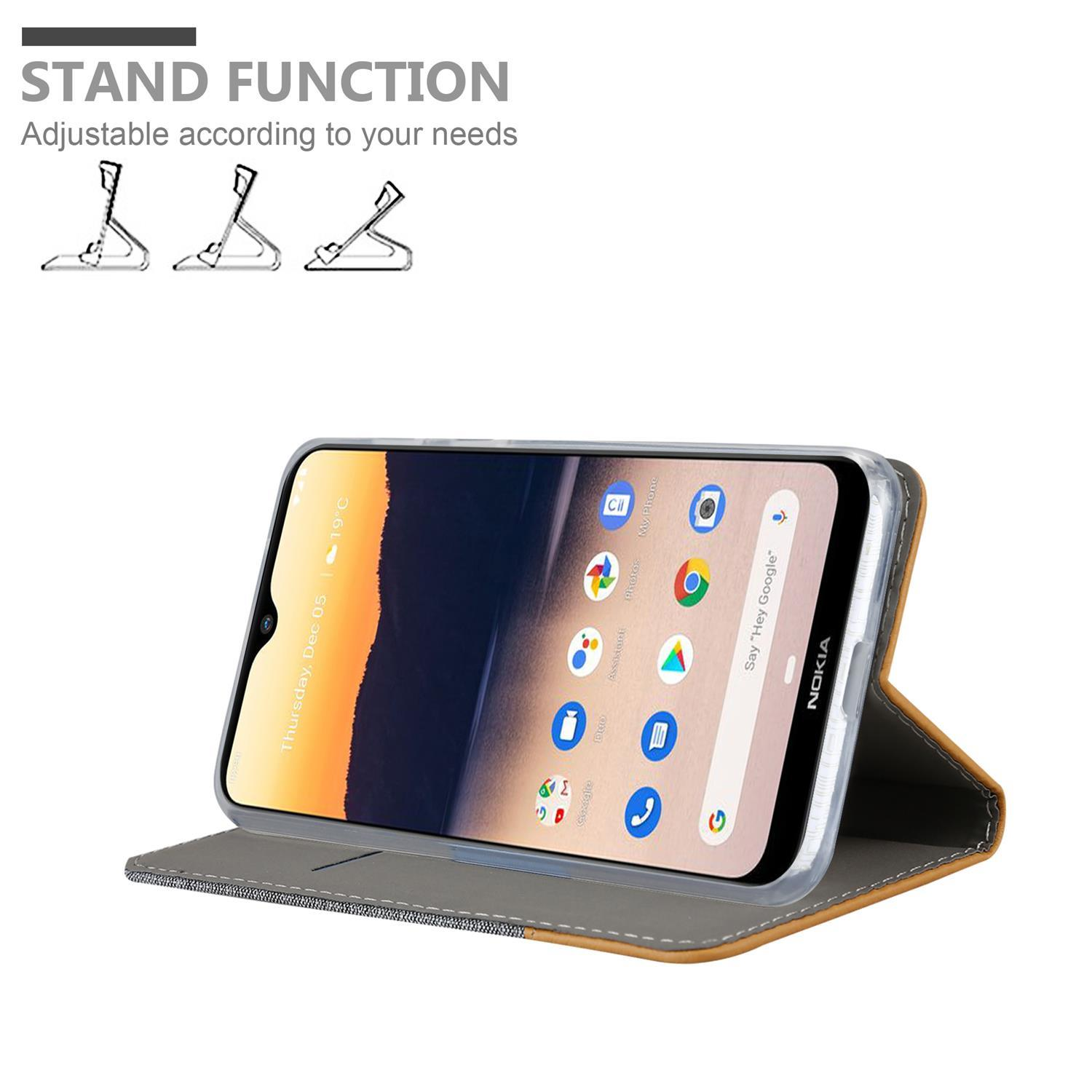 Un telefono in una custodia con funzione di supporto, con lo schermo visibile.