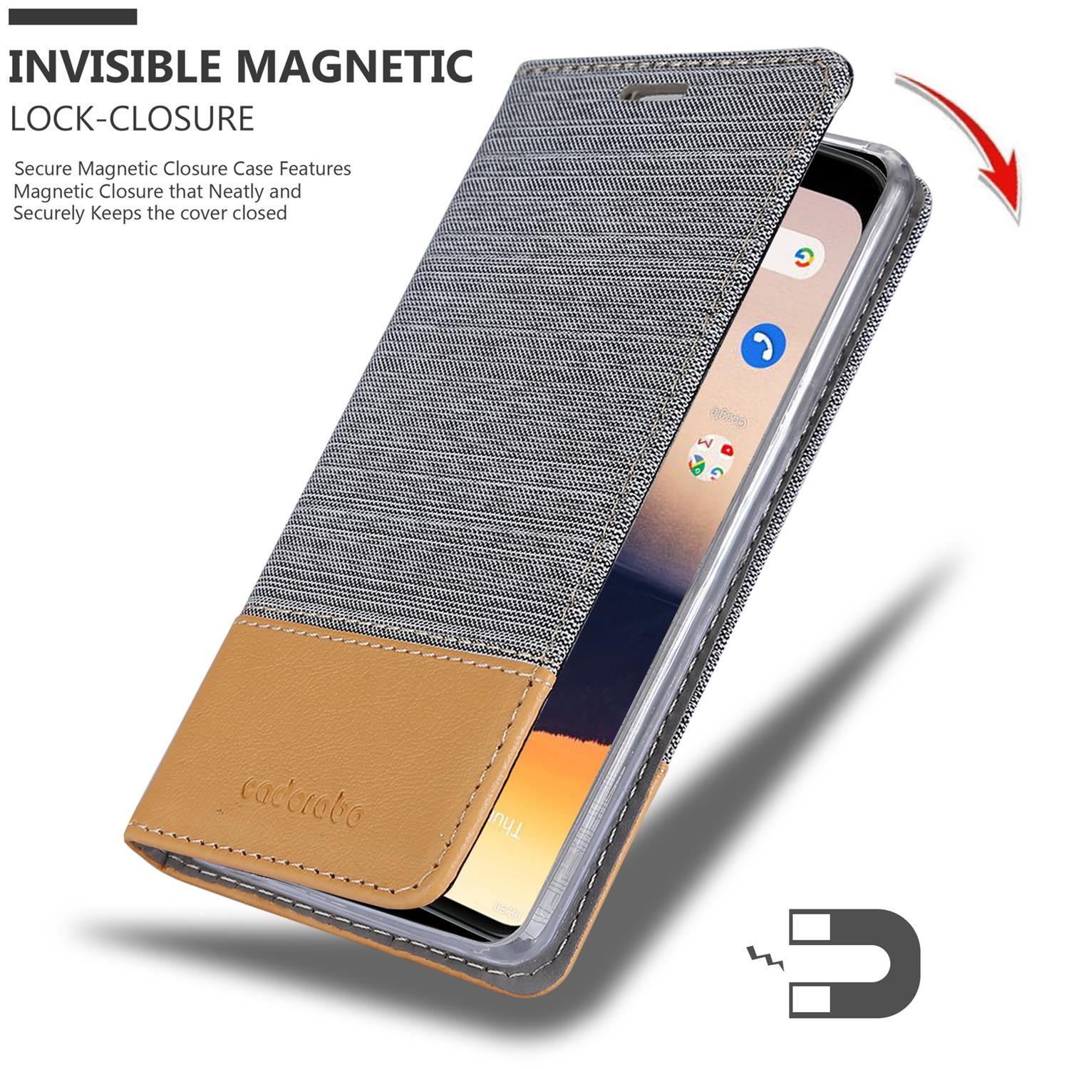 Custodia per telefono con copertura grigia, base marrone e chiusura magnetica. Il testo indica le funzioni.