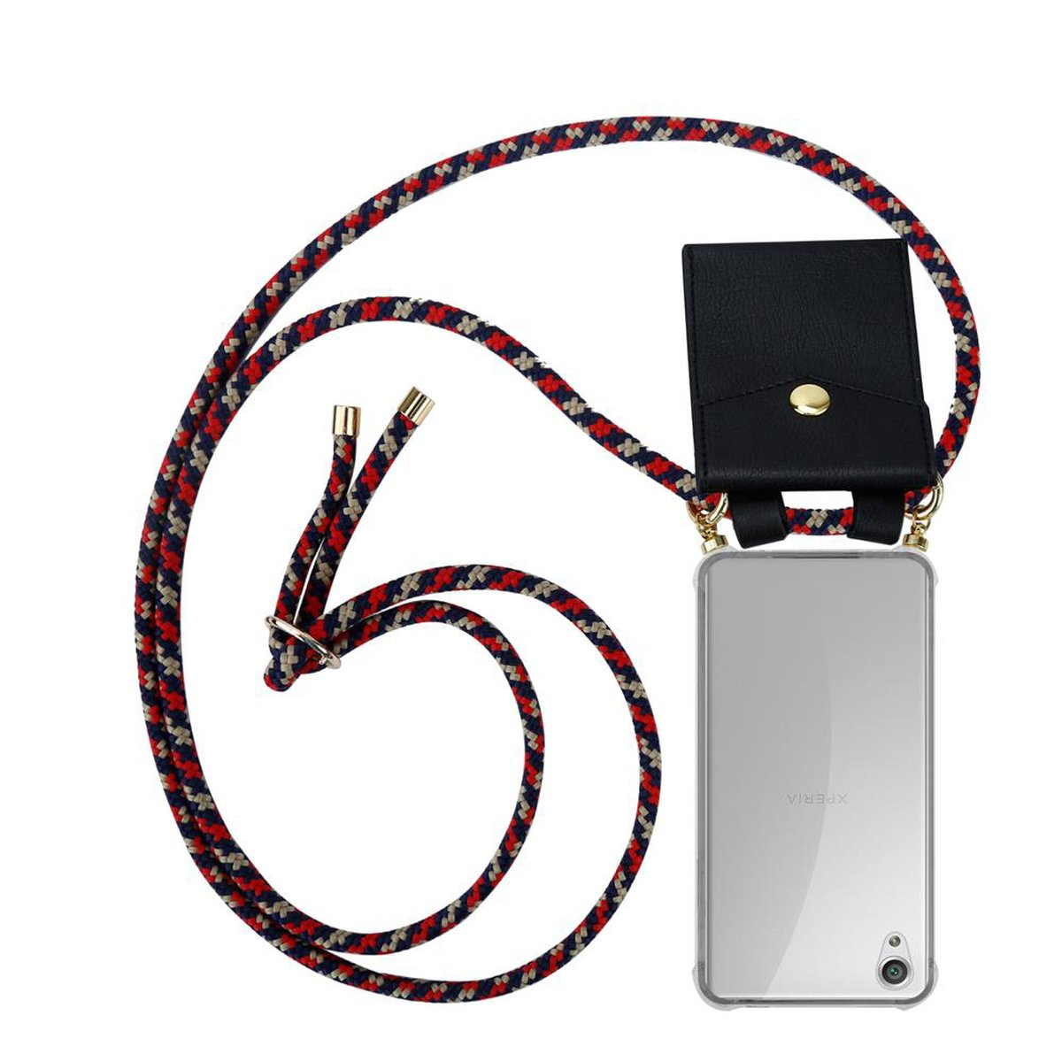 Telefon mit Hülle und rot-weißem Seilriemen mit schwarzem Lederbeutel.