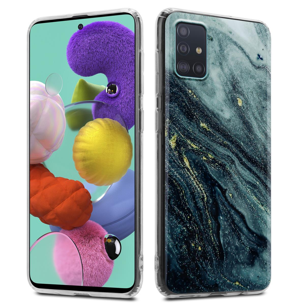 Telefono in una custodia trasparente. Il telefono mostra un display colorato. La custodia ha un design unico.