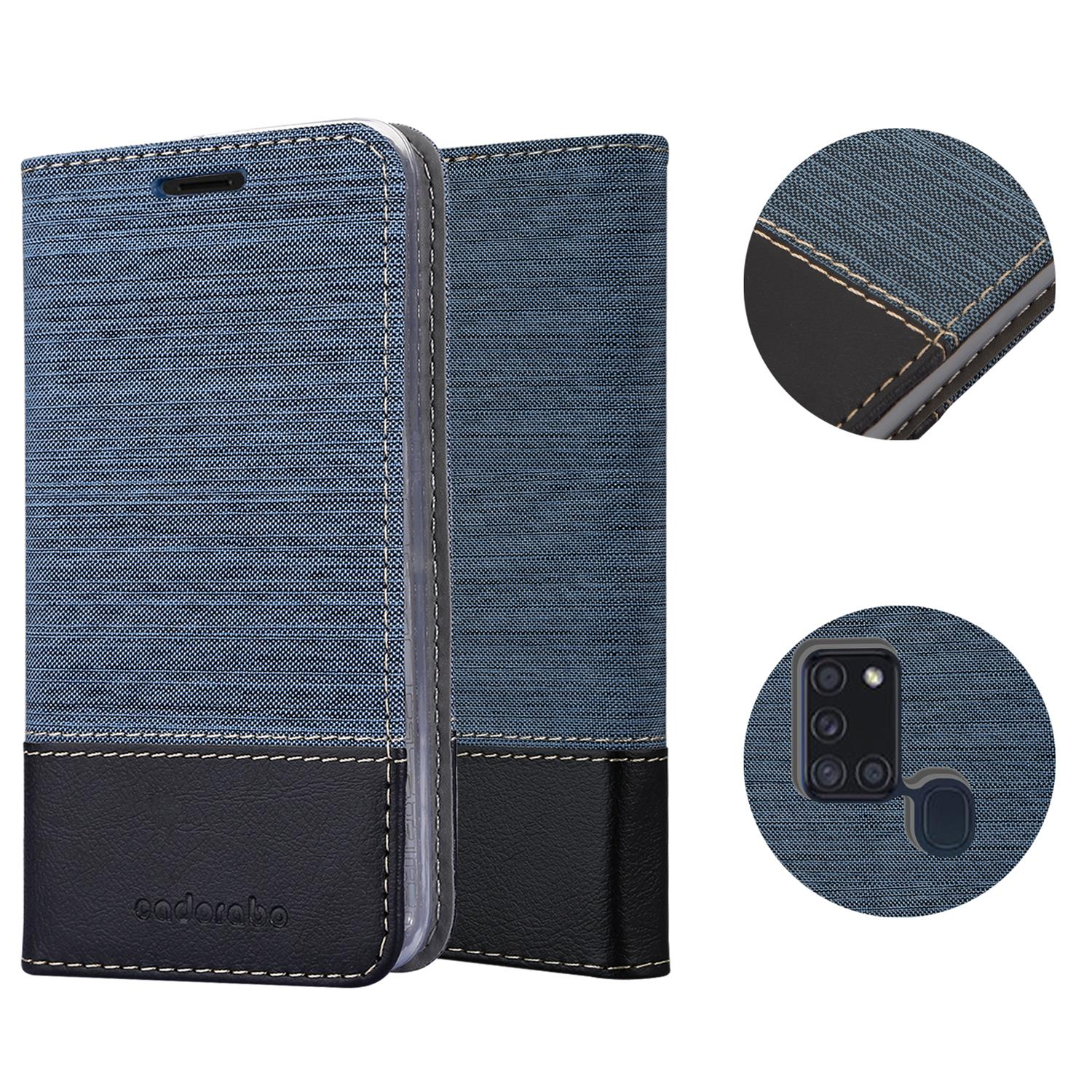 Blaue und schwarze Handyhülle. Details von Nähten und Kameraausschnitt.