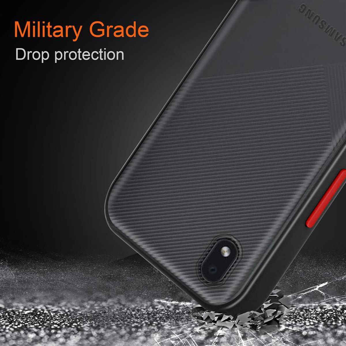 Nahaufnahme einer schwarzen Handyhülle mit militärischem Fallschutz, das Telefon ist schwarz.
