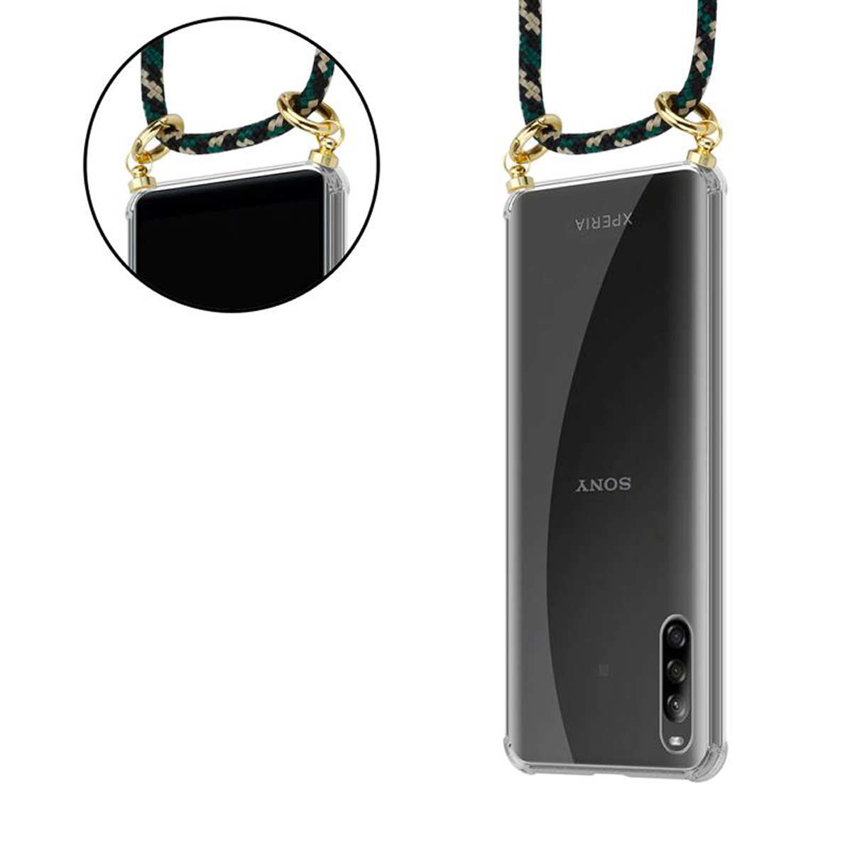 Custodia trasparente con cordino verde e nero attaccato. Telefono visibile con testo Xperia e Sony.