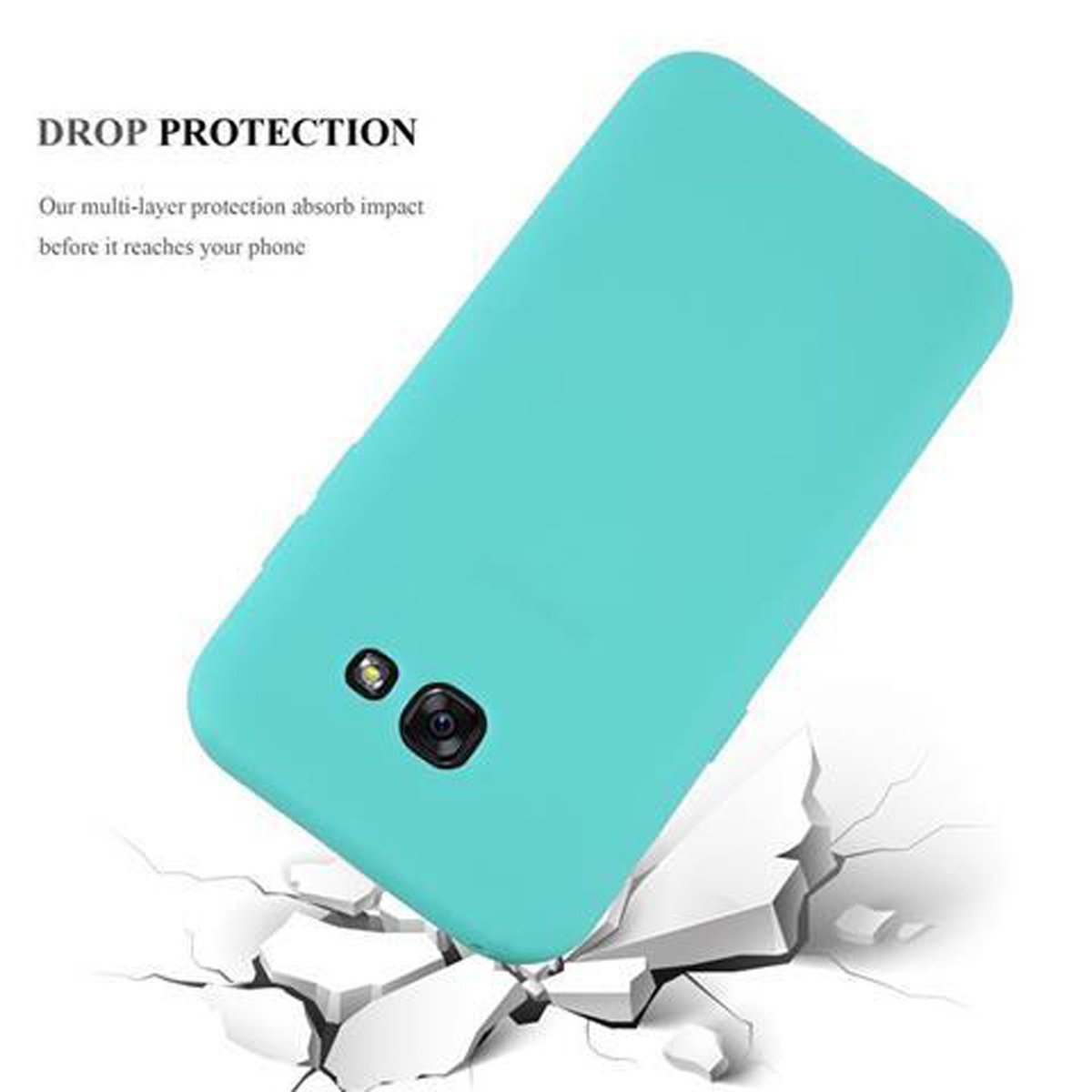 Una custodia per telefono verde acqua viene fatta cadere su una superficie bianca. La protezione dalle cadute è nella descrizione.