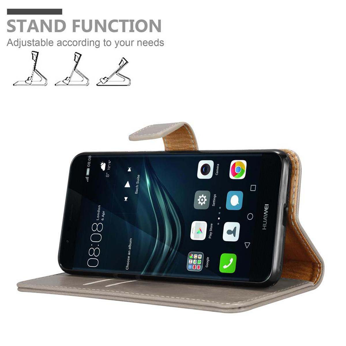 Un telefono in una custodia in pelle con funzione stand. Lo schermo mostra le icone delle app. Il testo dice funzione stand.