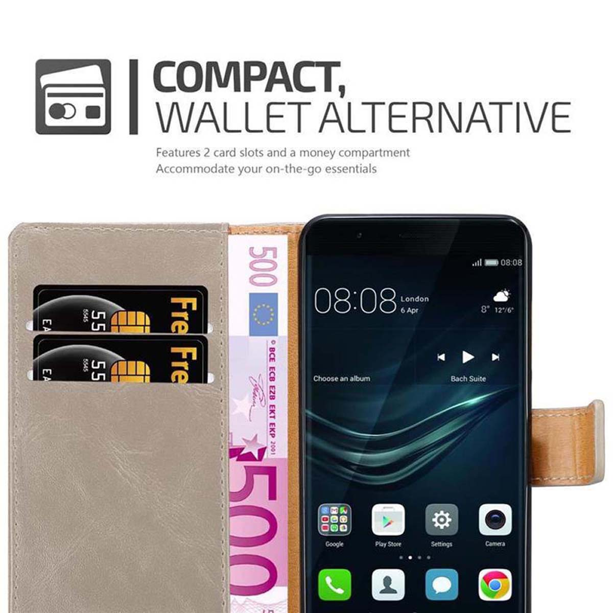 Un telefono con una custodia a portafoglio, che mostra denaro e carte. Testo sull'alternativa al portafoglio compatto.