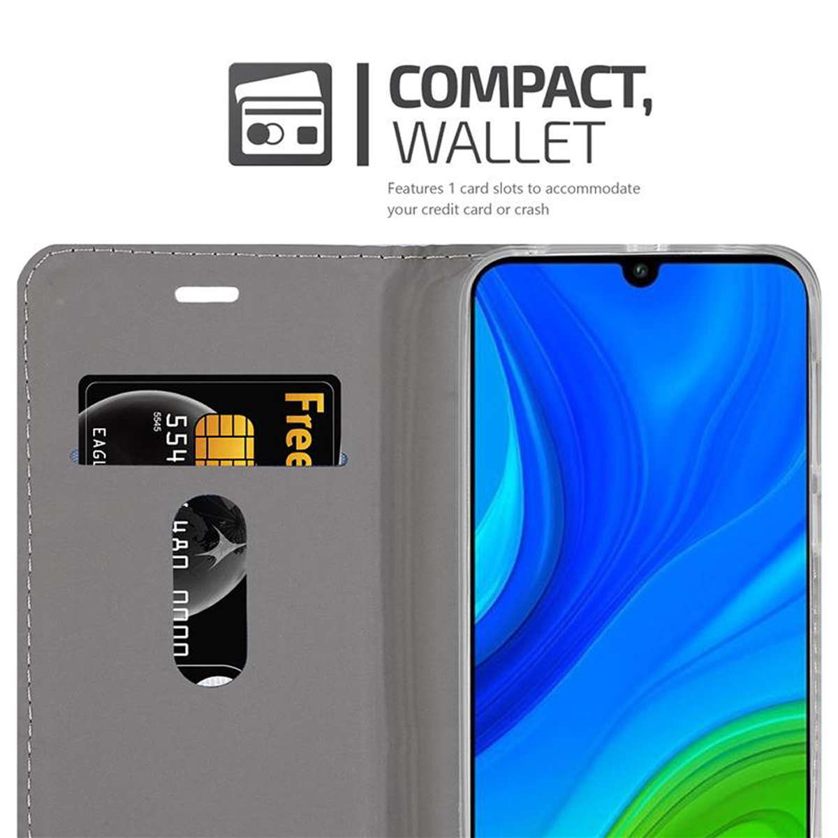 Custodia per telefono con slot per carte. È visibile una carta nera. Lo schermo è blu.