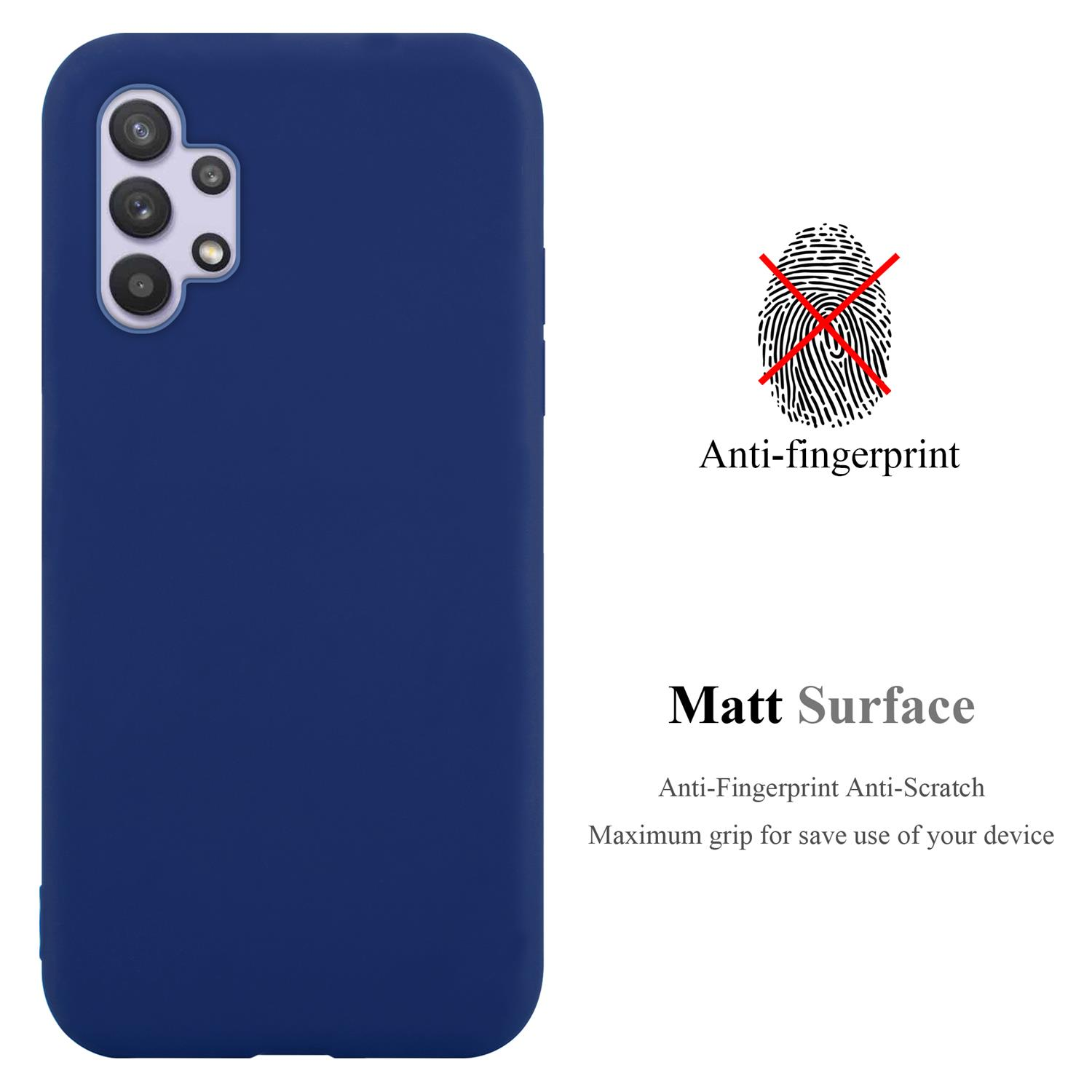 Custodia blu con la scritta 'Matt Surface'. Una X rossa sopra un'impronta digitale.