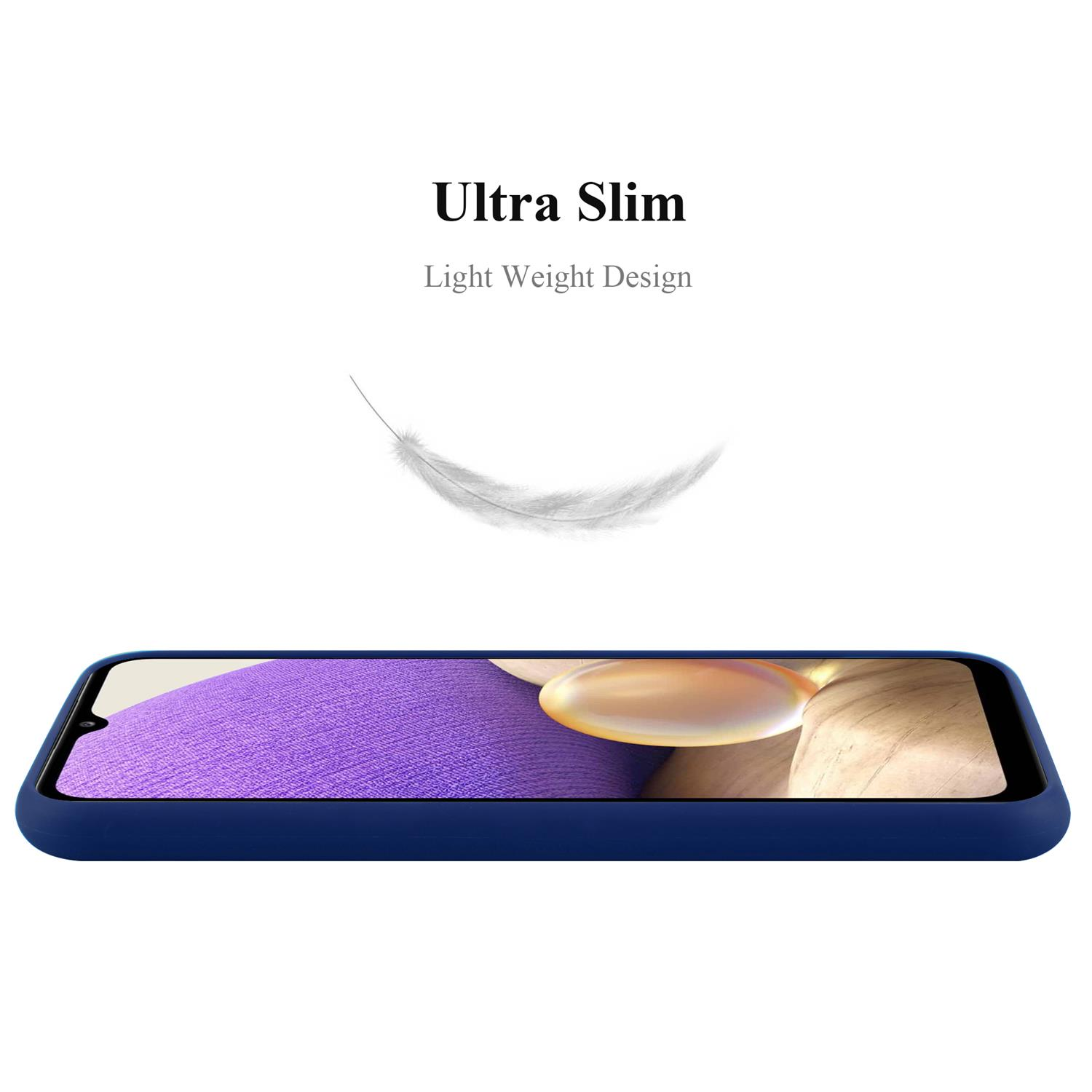 Un telefono in una custodia blu, una piuma sopra. Il telefono è su uno sfondo bianco.