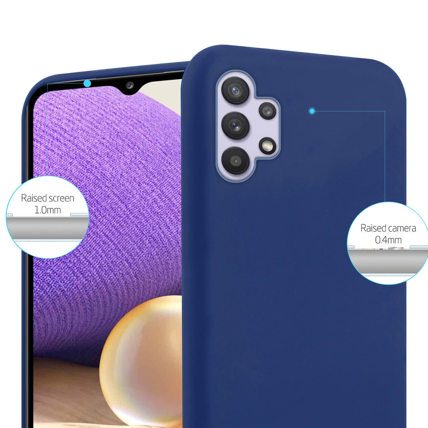 Primo piano di una custodia per telefono blu con dettagli dello schermo e della fotocamera rialzati.